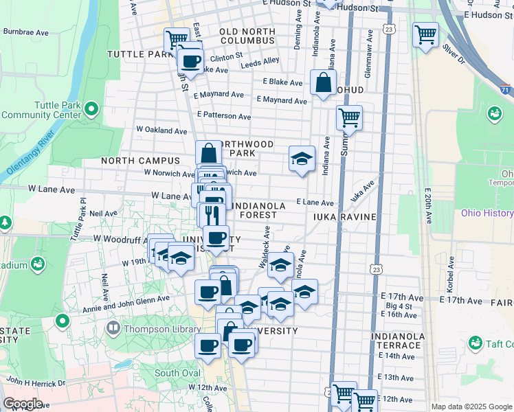 map of restaurants, bars, coffee shops, grocery stores, and more near in Columbus