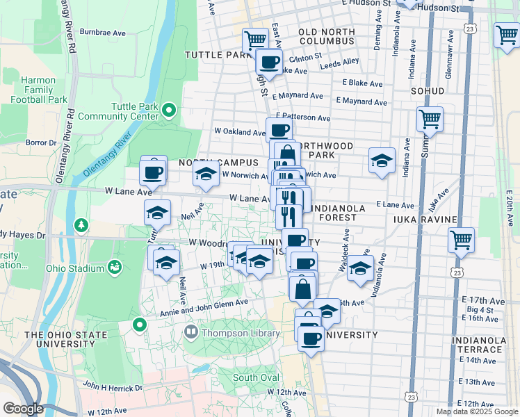 map of restaurants, bars, coffee shops, grocery stores, and more near 23 Curl Dr in Columbus