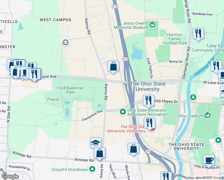 map of restaurants, bars, coffee shops, grocery stores, and more near 2173 Gromwell Drive in Columbus