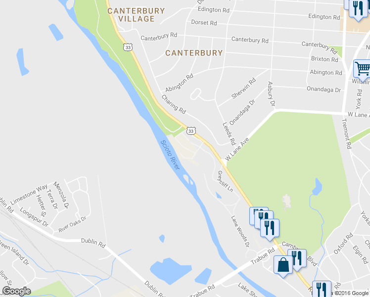 map of restaurants, bars, coffee shops, grocery stores, and more near 2554 Scioto View Lane in Columbus