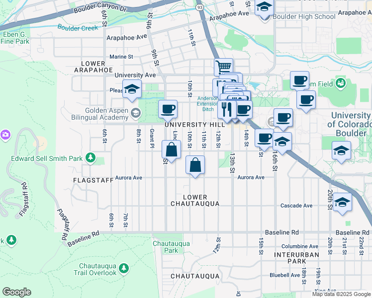 map of restaurants, bars, coffee shops, grocery stores, and more near 1001 10th Street in Boulder