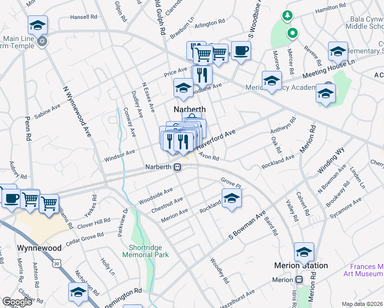 map of restaurants, bars, coffee shops, grocery stores, and more near 220 Haverford Avenue in Narberth