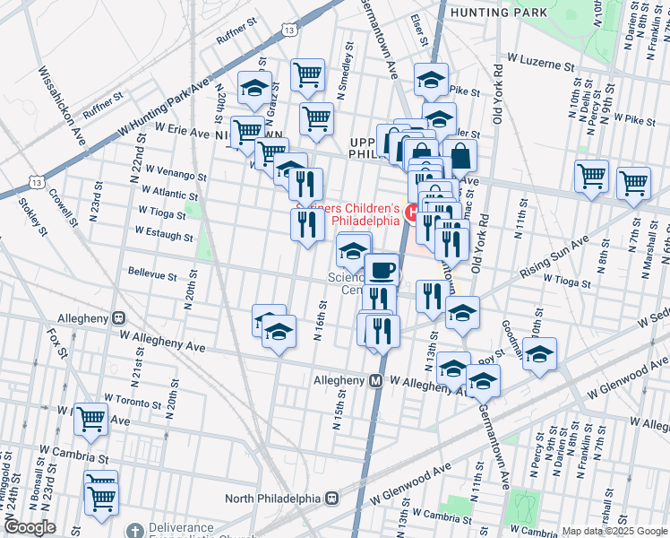 map of restaurants, bars, coffee shops, grocery stores, and more near 3419 North 16th Street in Philadelphia