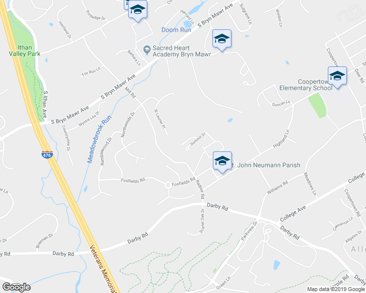 map of restaurants, bars, coffee shops, grocery stores, and more near B201 Summit Drive in Bryn Mawr