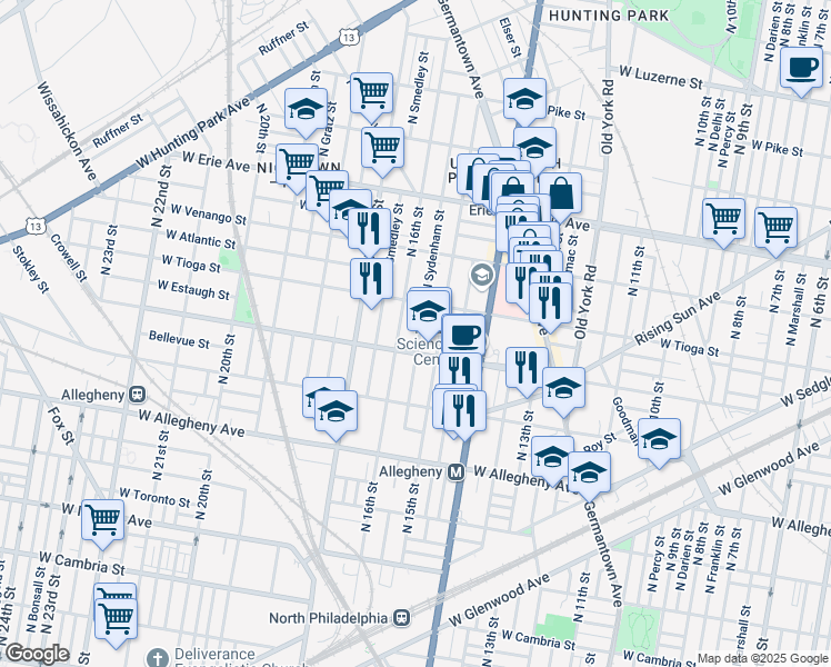 map of restaurants, bars, coffee shops, grocery stores, and more near 3416 North Sydenham Street in Philadelphia