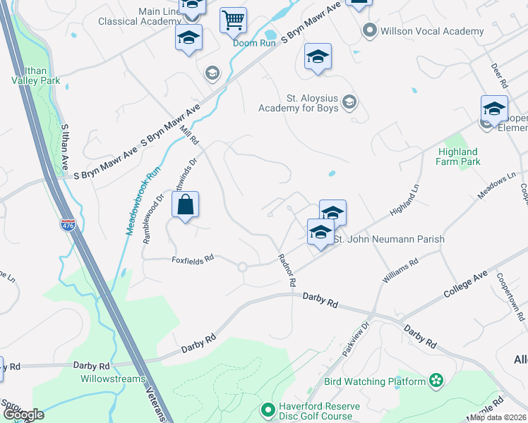 map of restaurants, bars, coffee shops, grocery stores, and more near B201 Summit Drive in Bryn Mawr