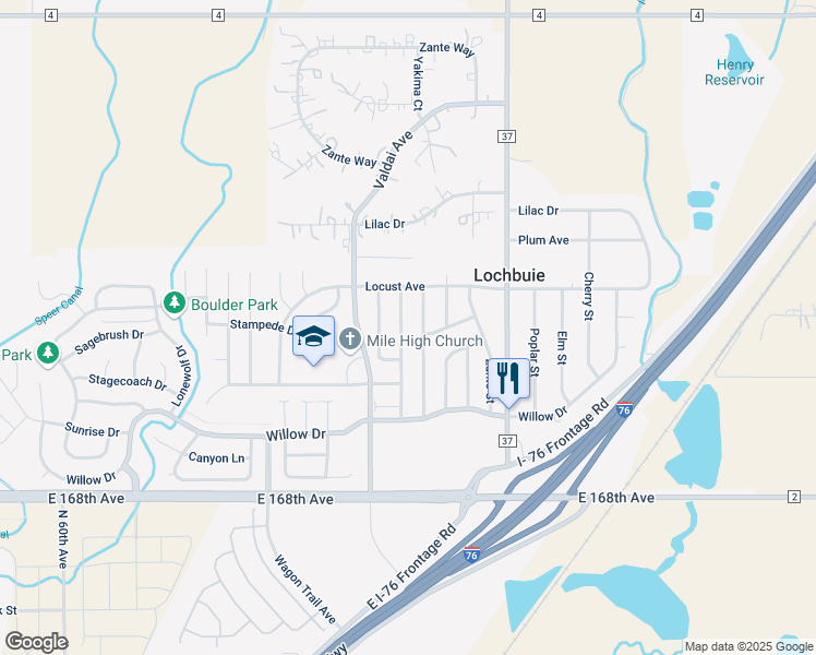 map of restaurants, bars, coffee shops, grocery stores, and more near 123 Wenatchee Street in Lochbuie