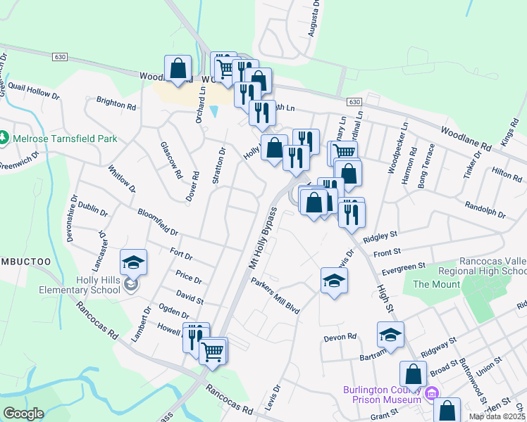 map of restaurants, bars, coffee shops, grocery stores, and more near 20 Parliament in Mount Holly