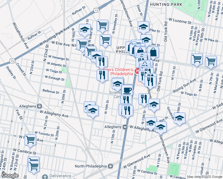 map of restaurants, bars, coffee shops, grocery stores, and more near 3419 North 16th Street in Philadelphia