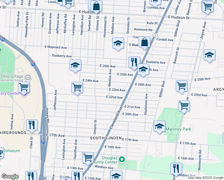 map of restaurants, bars, coffee shops, grocery stores, and more near 1261 East 23rd Avenue in Columbus
