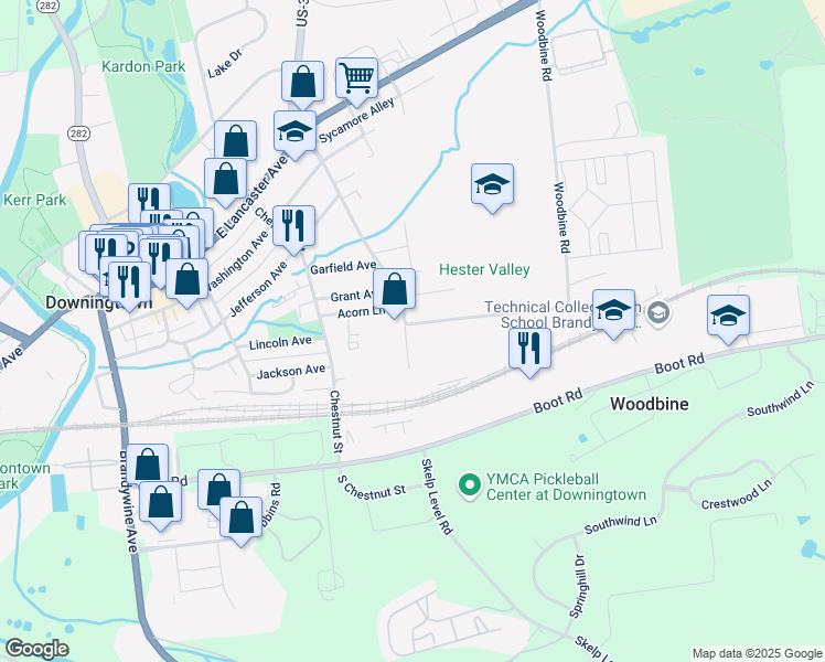 map of restaurants, bars, coffee shops, grocery stores, and more near 521 Whiteland Avenue in Downingtown