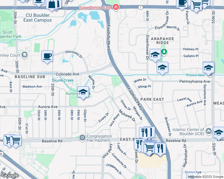 map of restaurants, bars, coffee shops, grocery stores, and more near 4320 Monroe Drive in Boulder