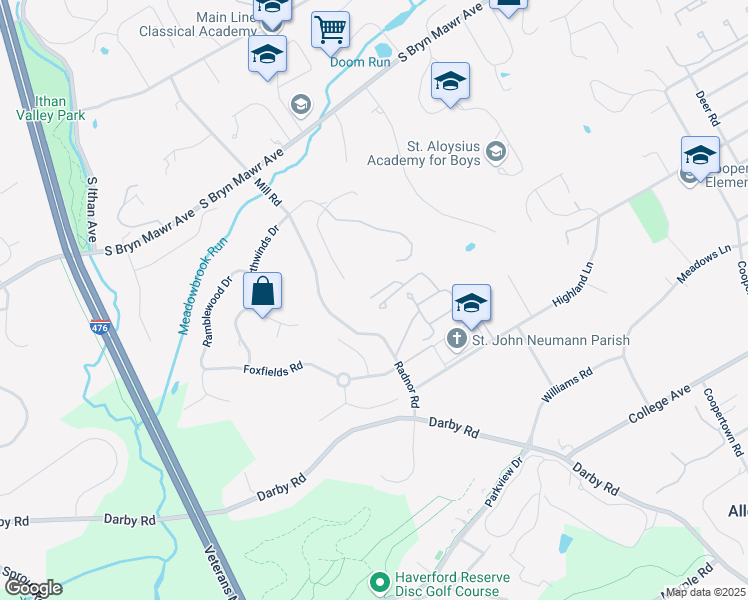 map of restaurants, bars, coffee shops, grocery stores, and more near B201 Summit Drive in Bryn Mawr