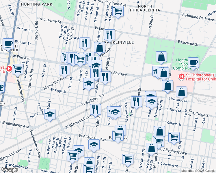 map of restaurants, bars, coffee shops, grocery stores, and more near 438 West Venango Street in Philadelphia