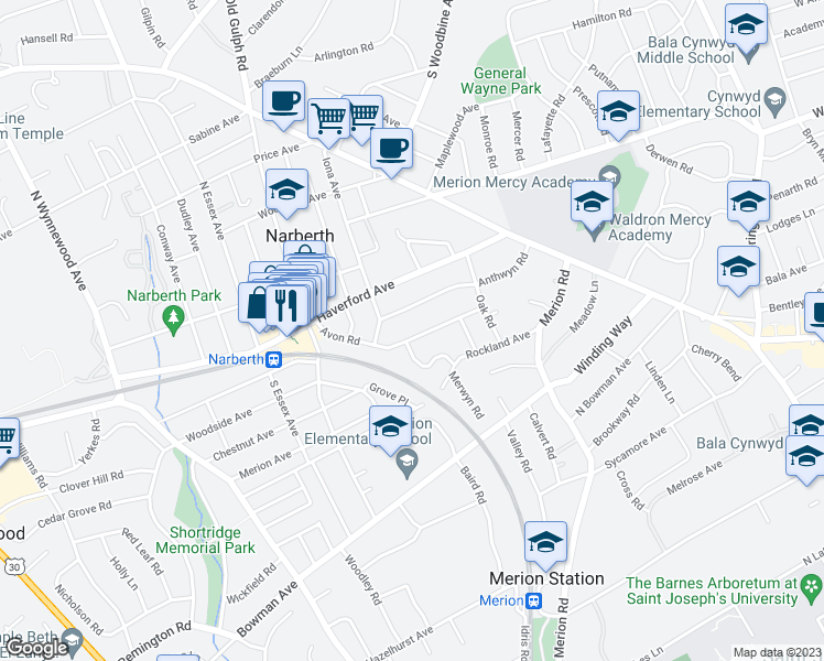 map of restaurants, bars, coffee shops, grocery stores, and more near 205 Avon Road in Narberth