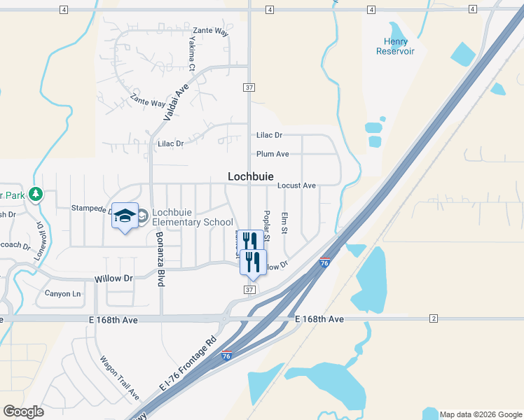 map of restaurants, bars, coffee shops, grocery stores, and more near 212 Poplar Street in Lochbuie