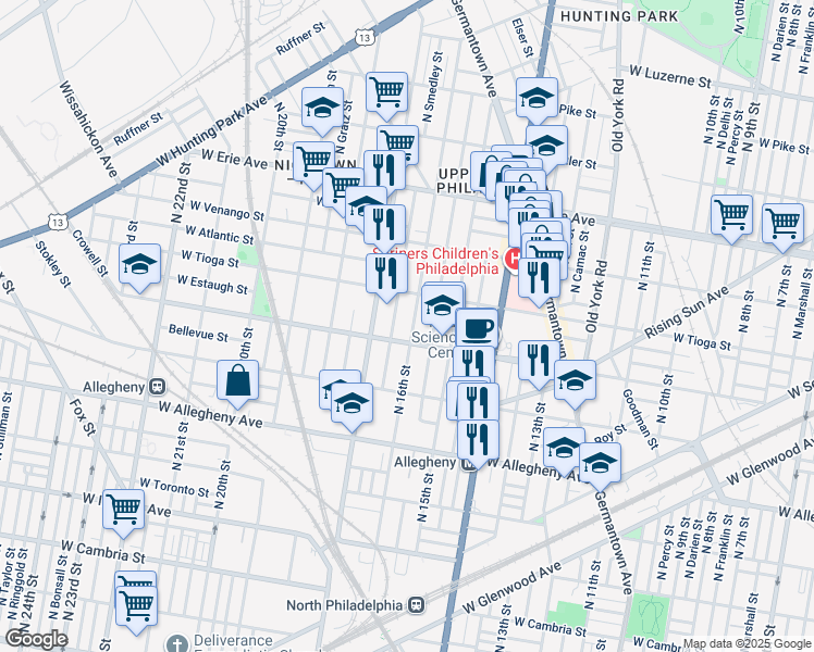 map of restaurants, bars, coffee shops, grocery stores, and more near 3420 North 16th Street in Philadelphia