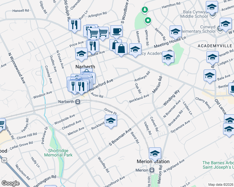 map of restaurants, bars, coffee shops, grocery stores, and more near 112 Avon Road in Narberth