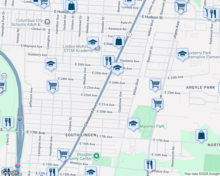 map of restaurants, bars, coffee shops, grocery stores, and more near 1401 East 23rd Avenue in Columbus