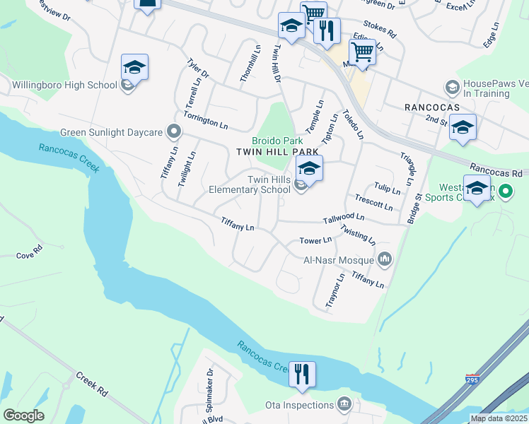 map of restaurants, bars, coffee shops, grocery stores, and more near 15 Timber Lane in Willingboro