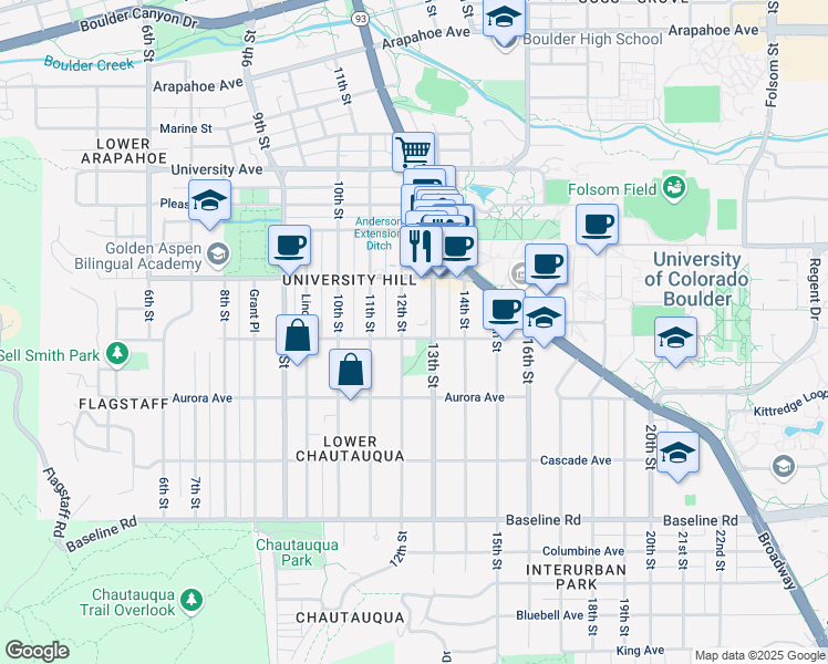 map of restaurants, bars, coffee shops, grocery stores, and more near 1000 12th Street in Boulder