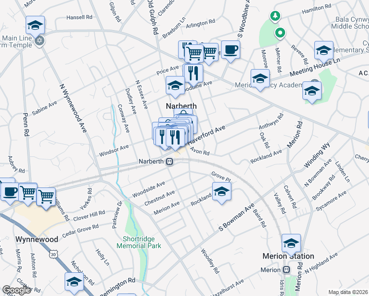 map of restaurants, bars, coffee shops, grocery stores, and more near 29 North Narberth Avenue in Narberth