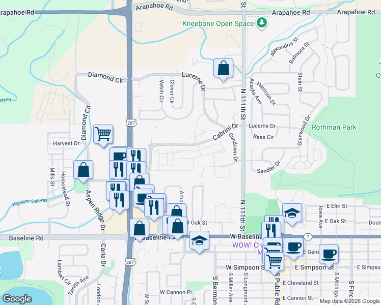 map of restaurants, bars, coffee shops, grocery stores, and more near 716 Amelia Lane in Lafayette