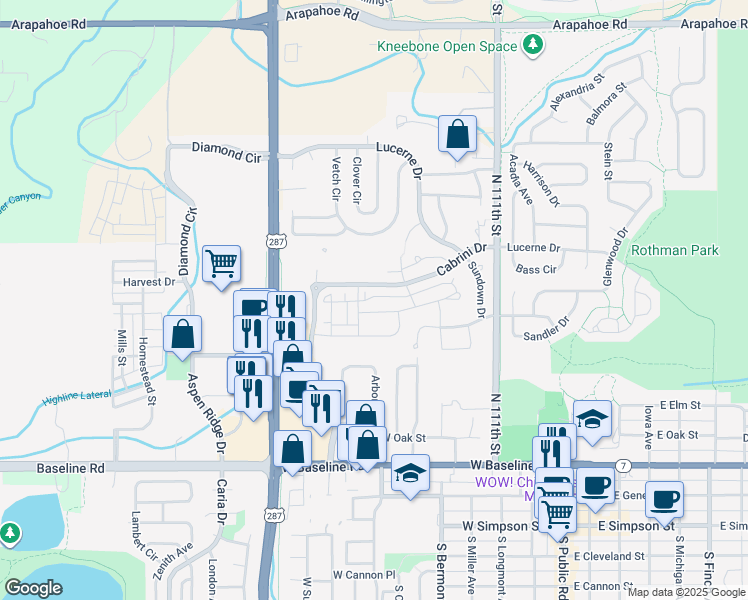 map of restaurants, bars, coffee shops, grocery stores, and more near 742 Amelia Lane in Lafayette