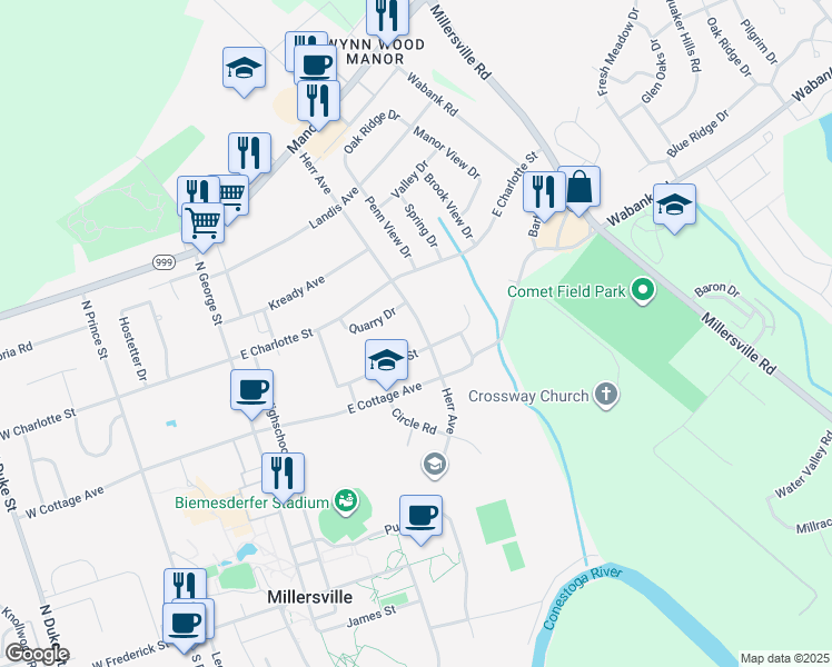map of restaurants, bars, coffee shops, grocery stores, and more near 150 New Street in Millersville