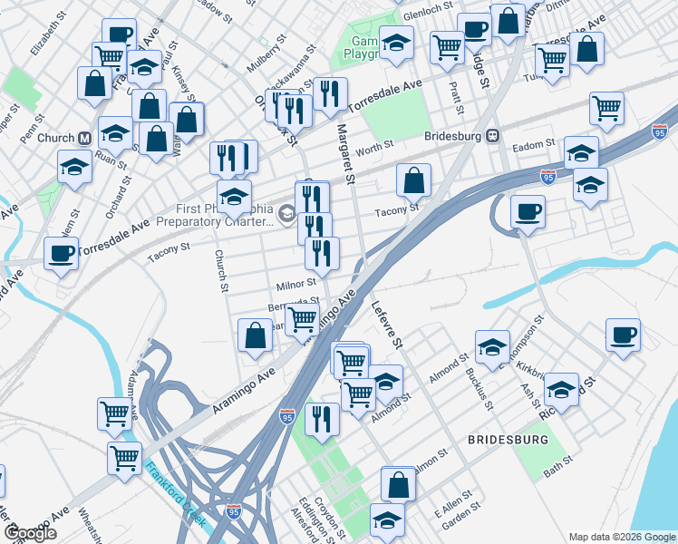map of restaurants, bars, coffee shops, grocery stores, and more near 4632 Bermuda Street in Philadelphia