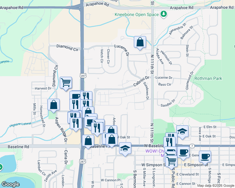 map of restaurants, bars, coffee shops, grocery stores, and more near 726 Amelia Lane in Lafayette