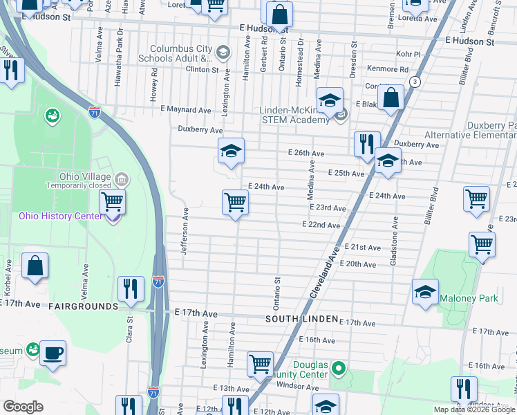 map of restaurants, bars, coffee shops, grocery stores, and more near 1123 East 22nd Avenue in Columbus
