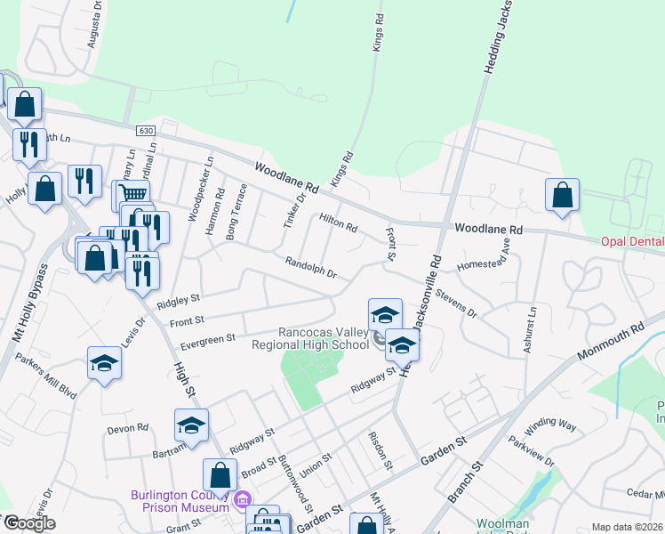 map of restaurants, bars, coffee shops, grocery stores, and more near 71 Ridgley Street in Mount Holly