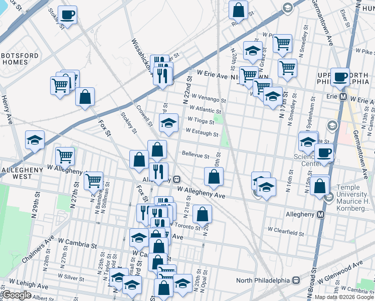 map of restaurants, bars, coffee shops, grocery stores, and more near 2119 Bellevue Street in Philadelphia