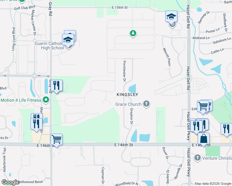 map of restaurants, bars, coffee shops, grocery stores, and more near 14943 Redcliff Drive in Noblesville