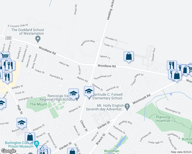 map of restaurants, bars, coffee shops, grocery stores, and more near 503 Homestead Avenue in Mount Holly