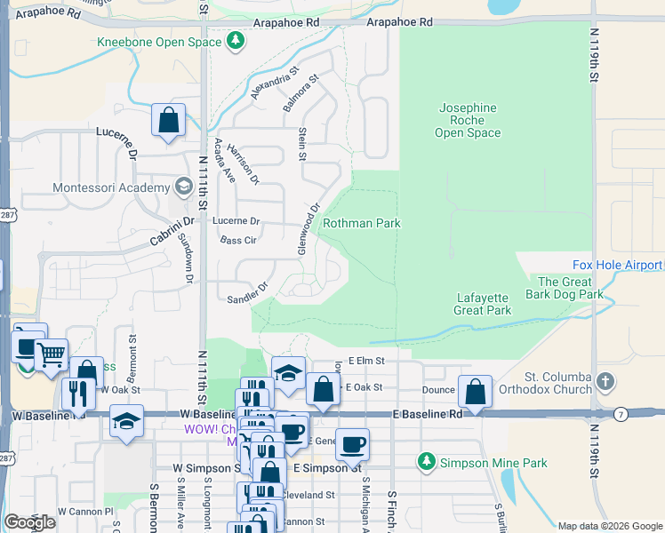 map of restaurants, bars, coffee shops, grocery stores, and more near 624 Wild Ridge Circle in Lafayette