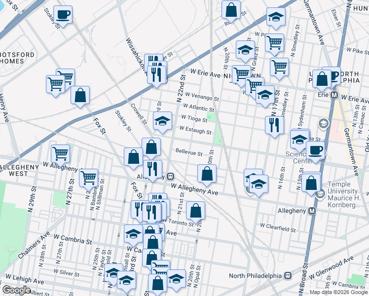 map of restaurants, bars, coffee shops, grocery stores, and more near 3315 North 21st Street in Philadelphia