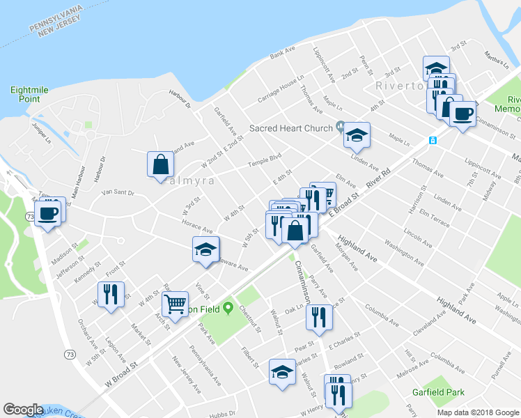 map of restaurants, bars, coffee shops, grocery stores, and more near 415 Cinnaminson Avenue in Palmyra