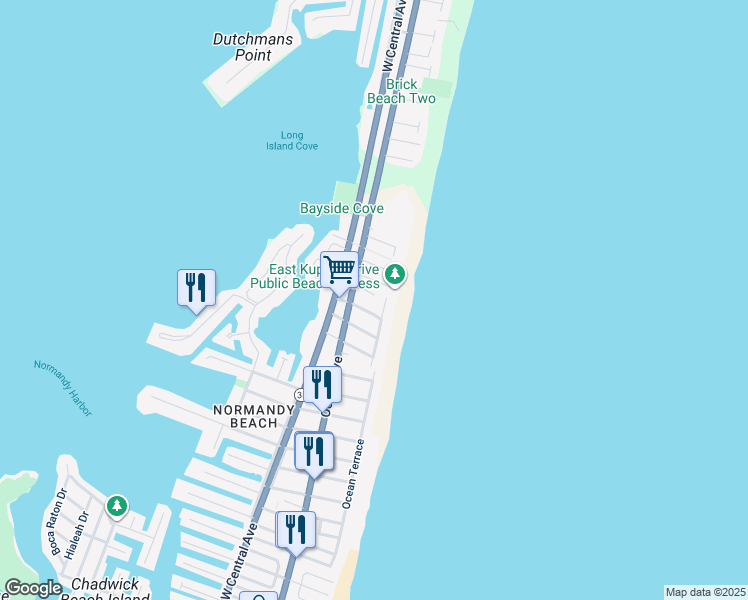 map of restaurants, bars, coffee shops, grocery stores, and more near 108 Neptune Court in Mantoloking