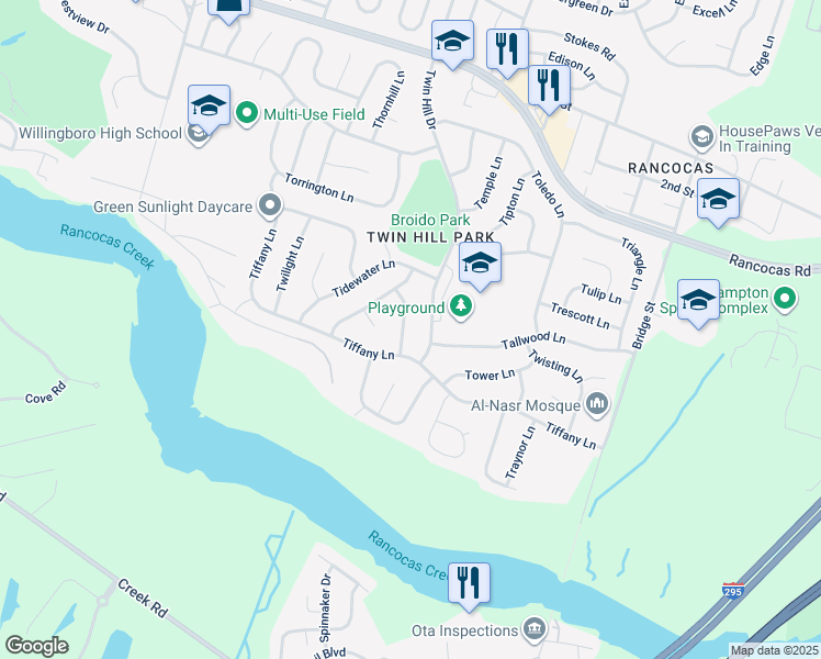 map of restaurants, bars, coffee shops, grocery stores, and more near 15 Timber Lane in Willingboro