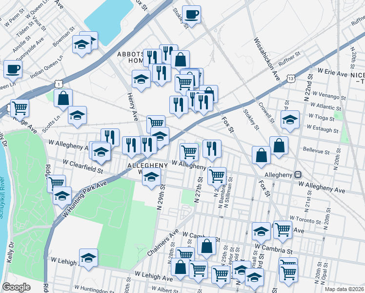 map of restaurants, bars, coffee shops, grocery stores, and more near 3215 North Newkirk Street in Philadelphia