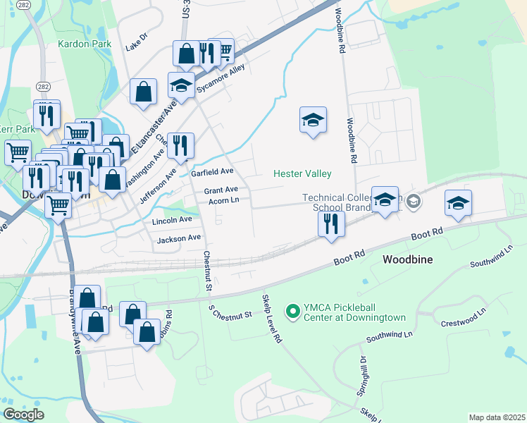 map of restaurants, bars, coffee shops, grocery stores, and more near 518 Lincoln Avenue in Downingtown