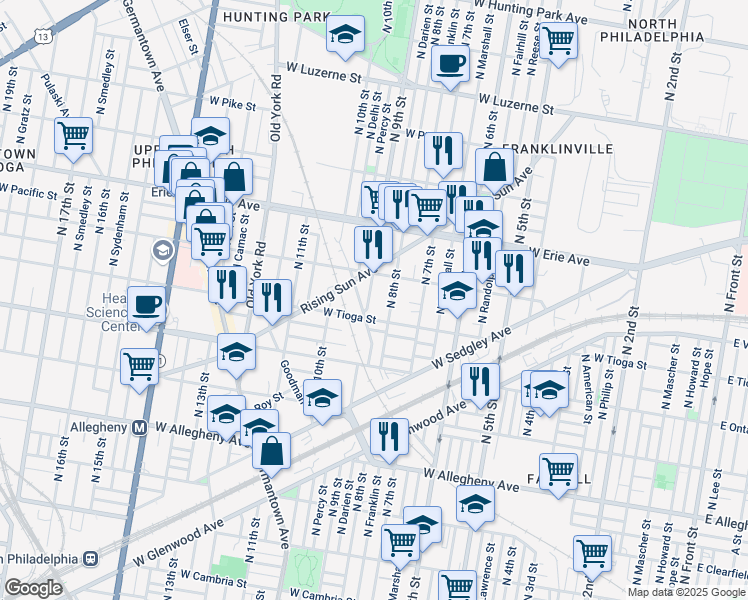 map of restaurants, bars, coffee shops, grocery stores, and more near 801 West Tioga Street in Philadelphia