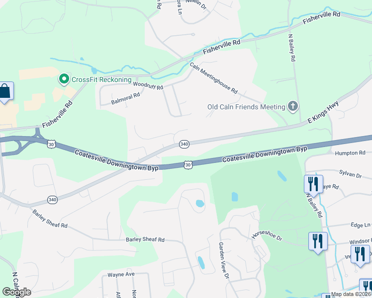 map of restaurants, bars, coffee shops, grocery stores, and more near 2634 East Kings Highway in Coatesville