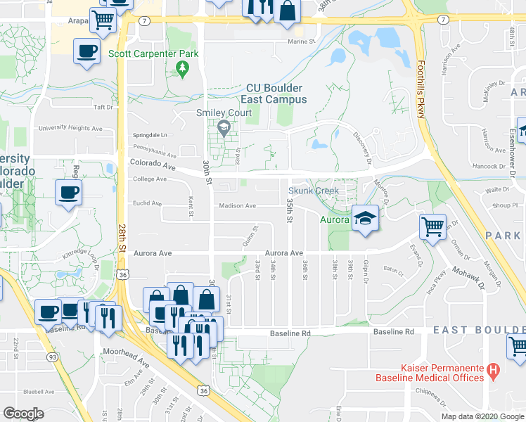 map of restaurants, bars, coffee shops, grocery stores, and more near 3290 Euclid Avenue in Boulder