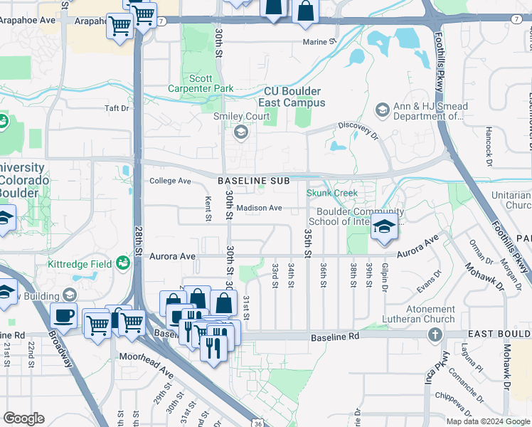 map of restaurants, bars, coffee shops, grocery stores, and more near 3290 Euclid Avenue in Boulder