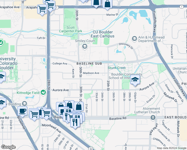 map of restaurants, bars, coffee shops, grocery stores, and more near 3220 Madison Avenue in Boulder