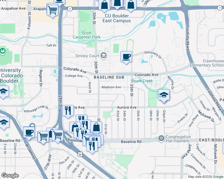 map of restaurants, bars, coffee shops, grocery stores, and more near 3290 Euclid Avenue in Boulder