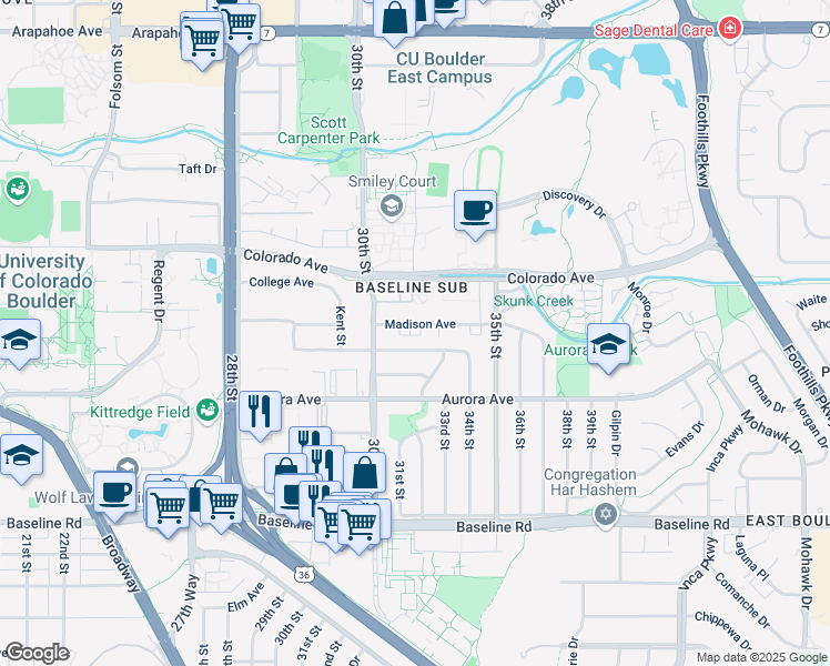 map of restaurants, bars, coffee shops, grocery stores, and more near 3130 Euclid Avenue in Boulder